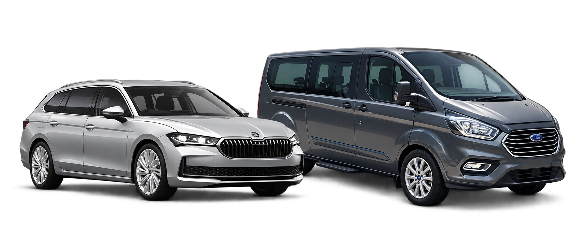 Silver estate car and grey minibus for United Cars journeys