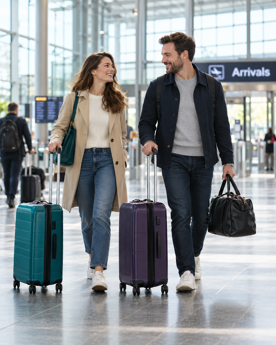 Passengers arriving at an airport with their suitcases