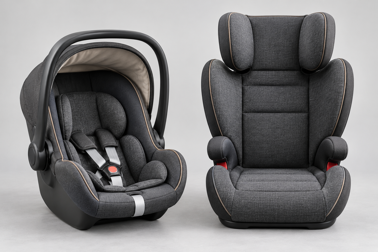 Generic infant carrier and high-backed booster seat displayed side by side