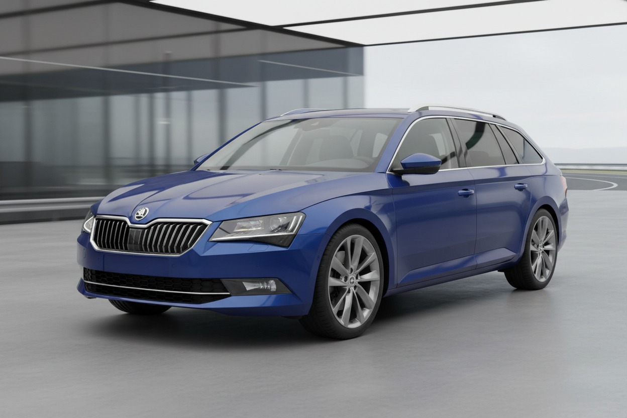 Blue Skoda Superb estate outside a modern glass building